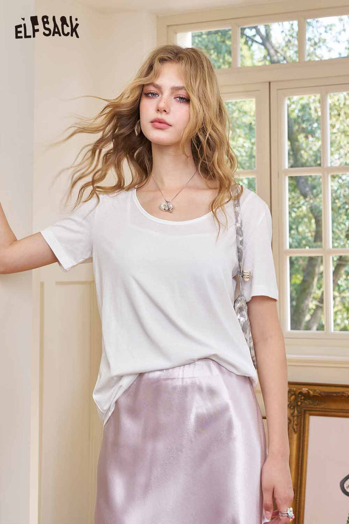 ELFSACK Classic Loose Solid Large Neckline Short Sleeve Tshirt