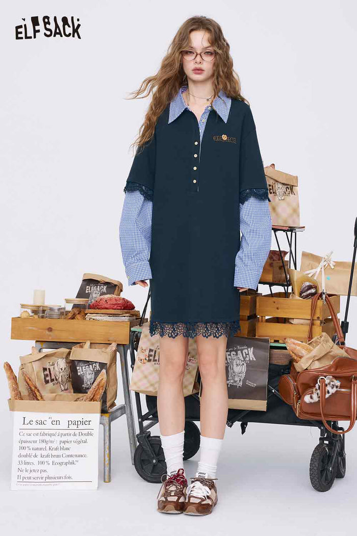 ELFSACK College-Style Shirt Patchwork Knit Dress