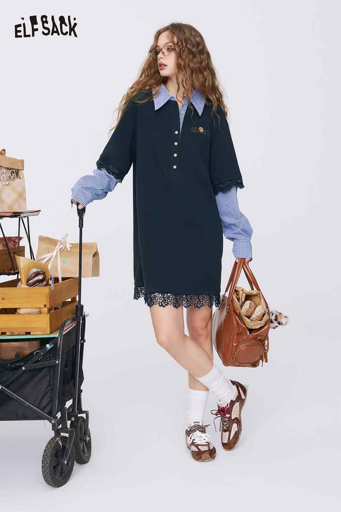 ELFSACK College-Style Shirt Patchwork Knit Dress