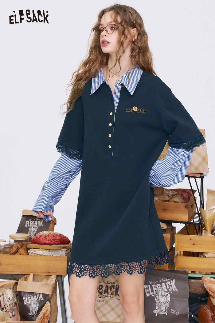ELFSACK College-Style Shirt Patchwork Knit Dress