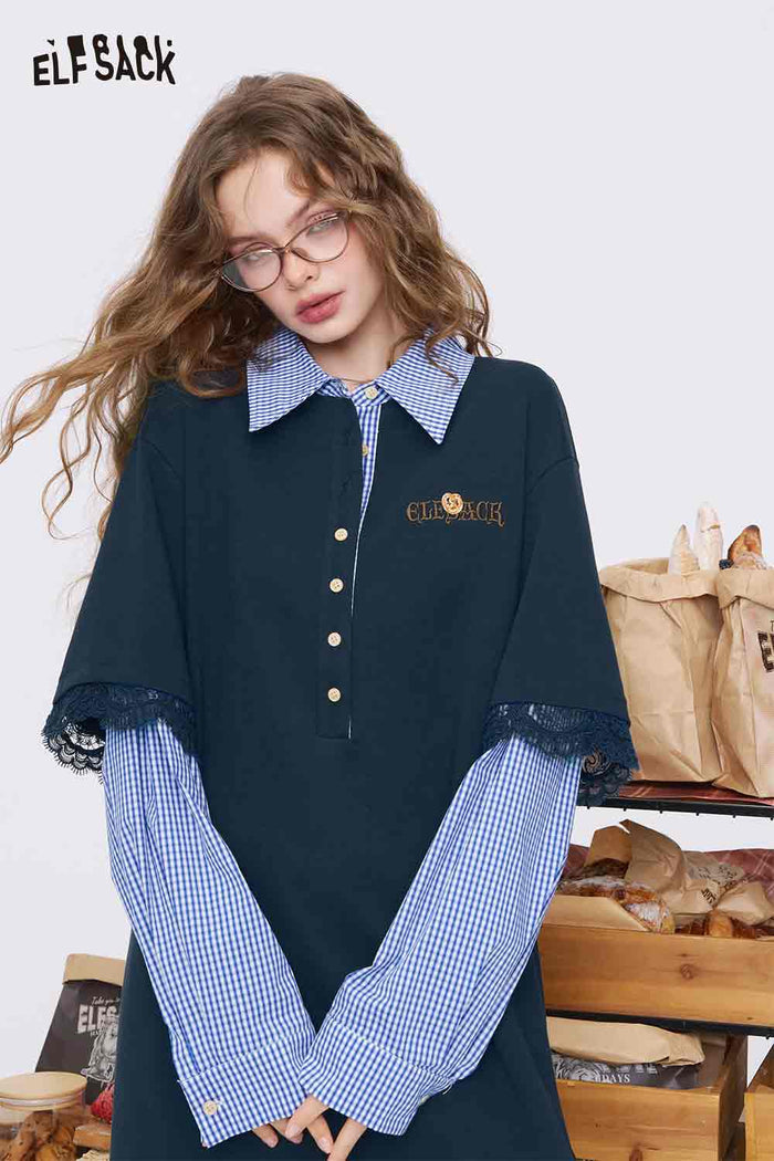 ELFSACK College-Style Shirt Patchwork Knit Dress