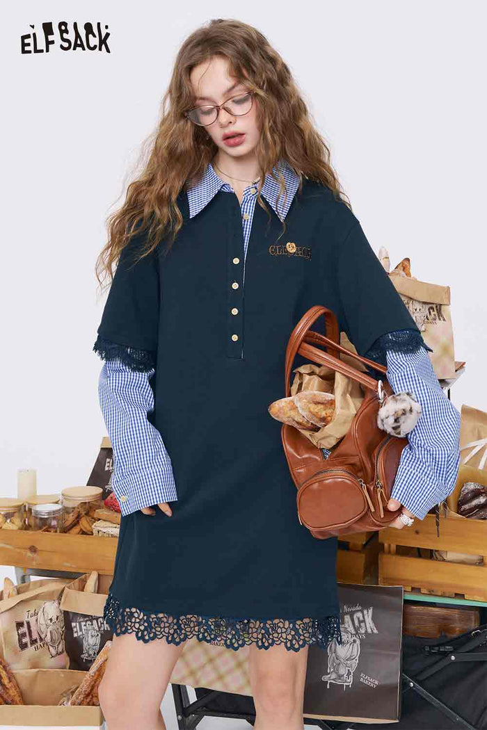 ELFSACK College-Style Shirt Patchwork Knit Dress