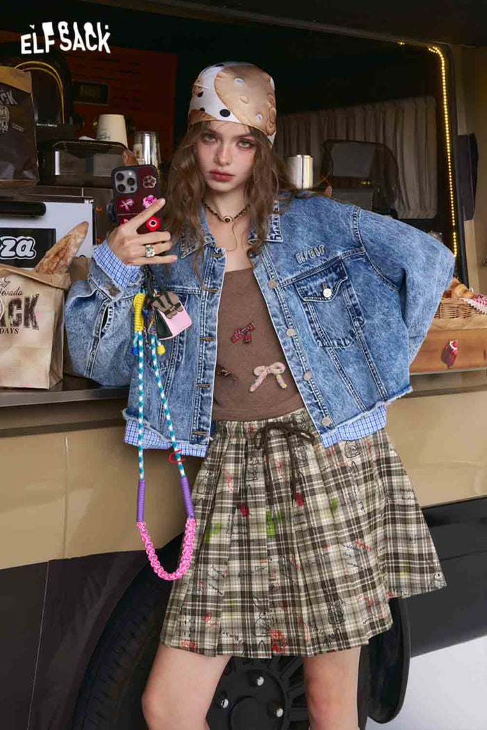ELFSACK College-Style Slimming Plaid Mini Skirt with Cartoon Print