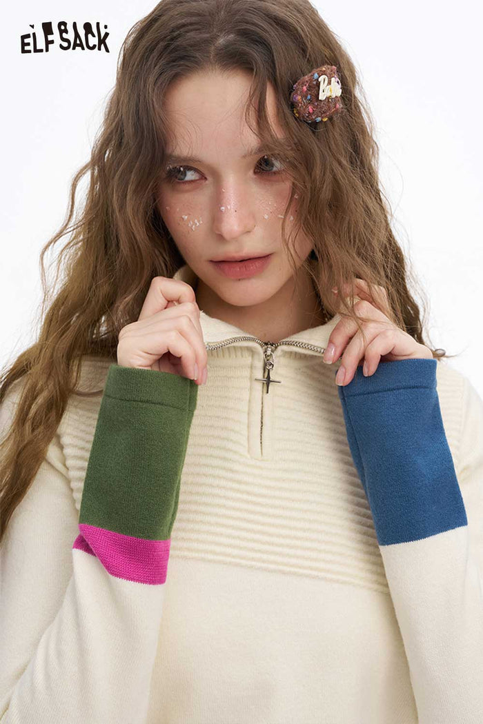 ELFSACK Color-Block Cuff Half-Zip Sweater