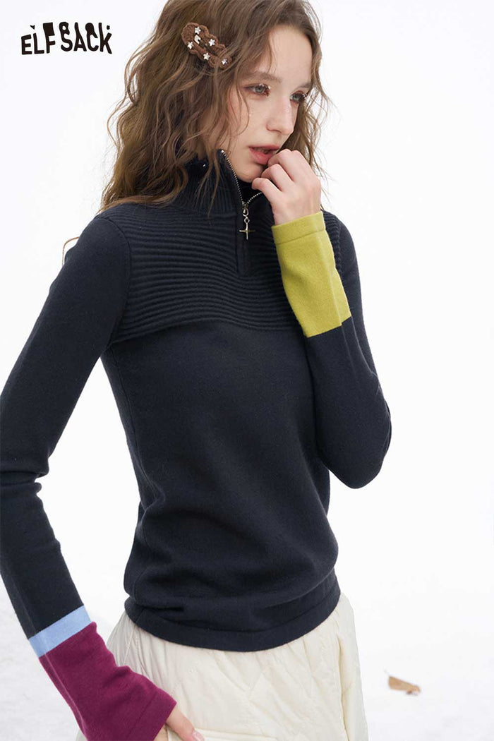 ELFSACK Color-Block Cuff Half-Zip Sweater