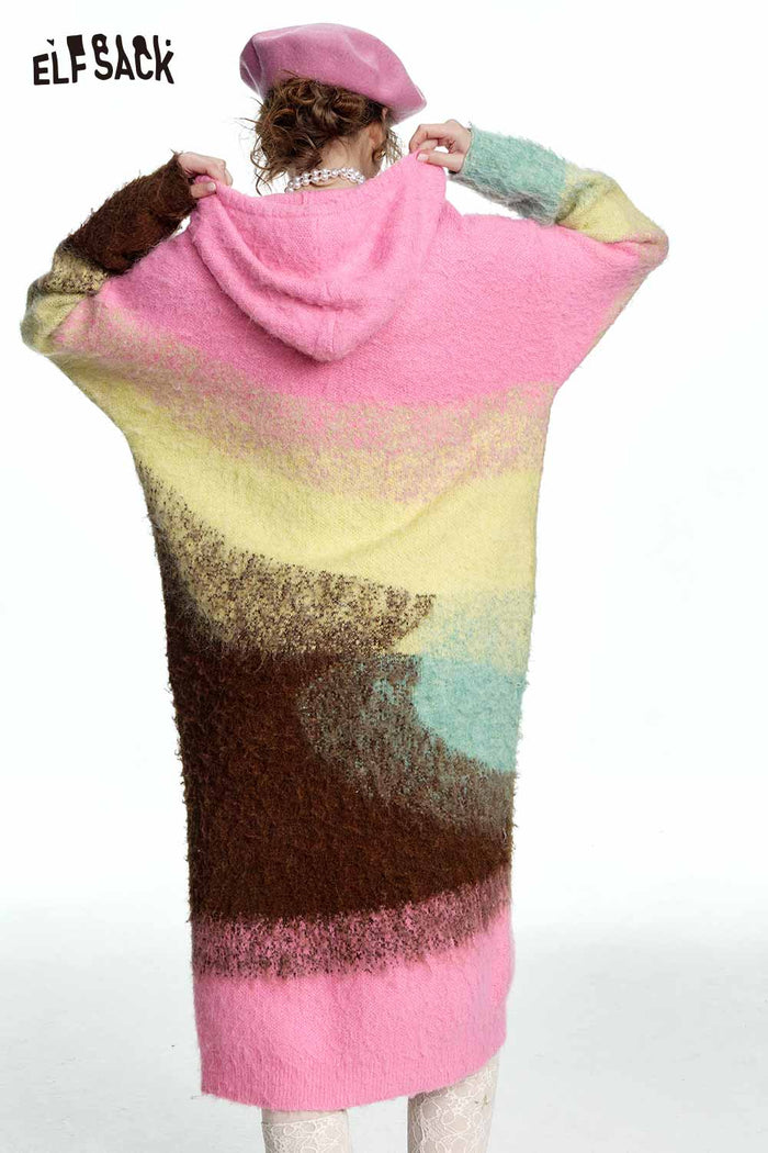 ELFSACK Color Block Embroidered Hooded Knit Dress