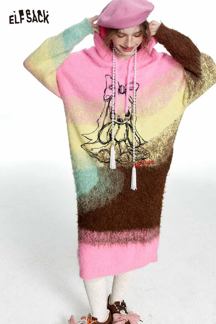 ELFSACK Color Block Embroidered Hooded Knit Dress
