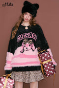 ELFSACK Color Block Patchwork Plush Feel Stripe Animal Graphic Sweater
