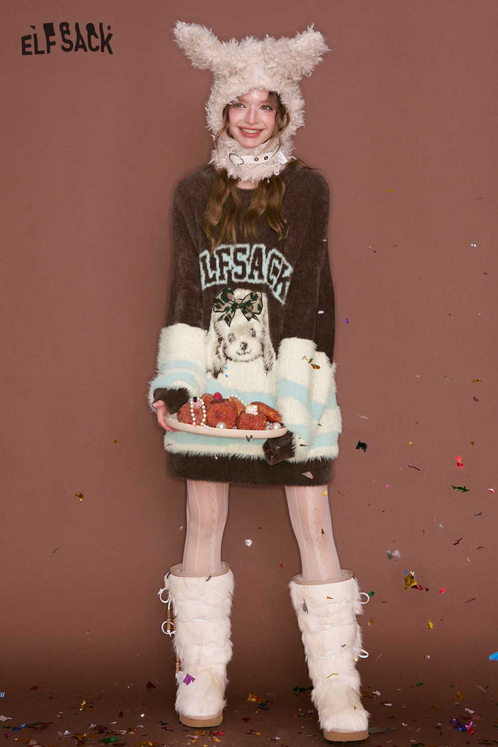 ELFSACK Color Block Patchwork Plush Feel Stripe Animal Graphic Sweater