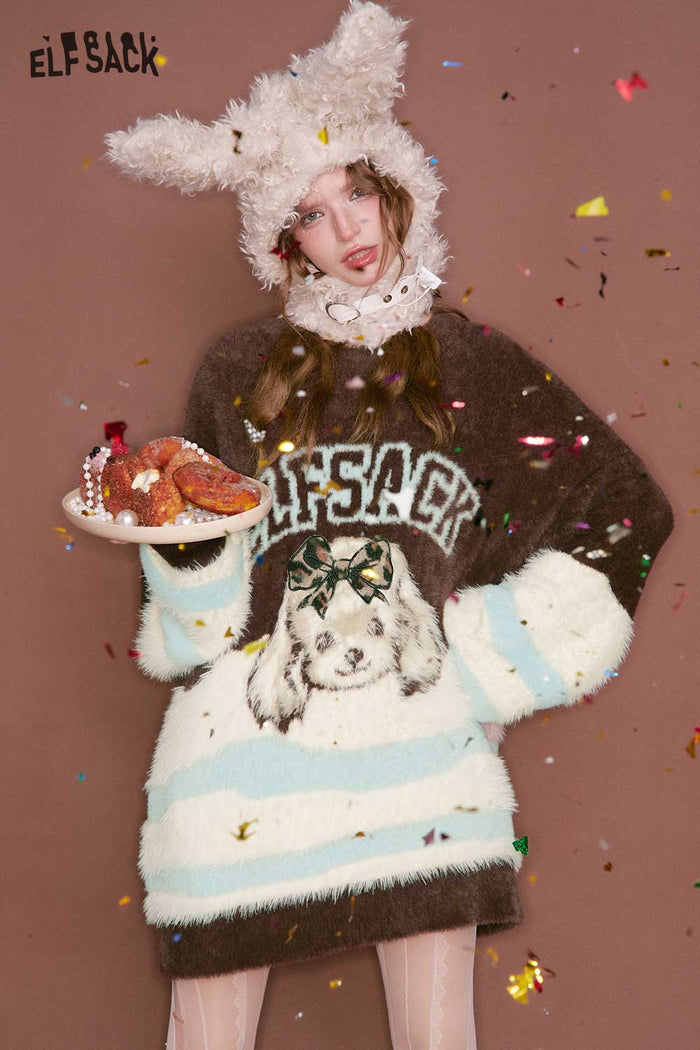 ELFSACK Color Block Patchwork Plush Feel Stripe Animal Graphic Sweater