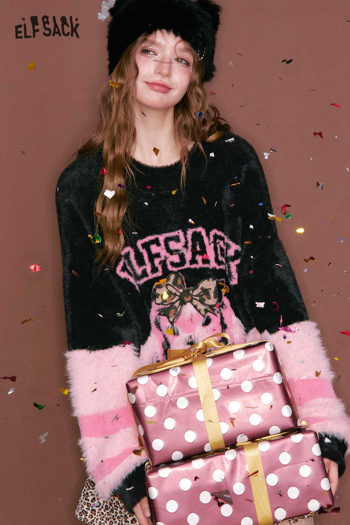 ELFSACK Color Block Patchwork Plush Feel Stripe Animal Graphic Sweater