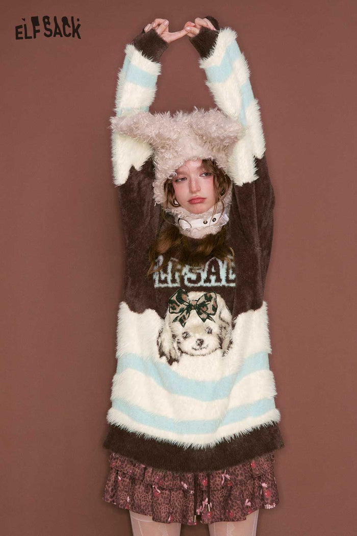 ELFSACK Color Block Patchwork Plush Feel Stripe Animal Graphic Sweater