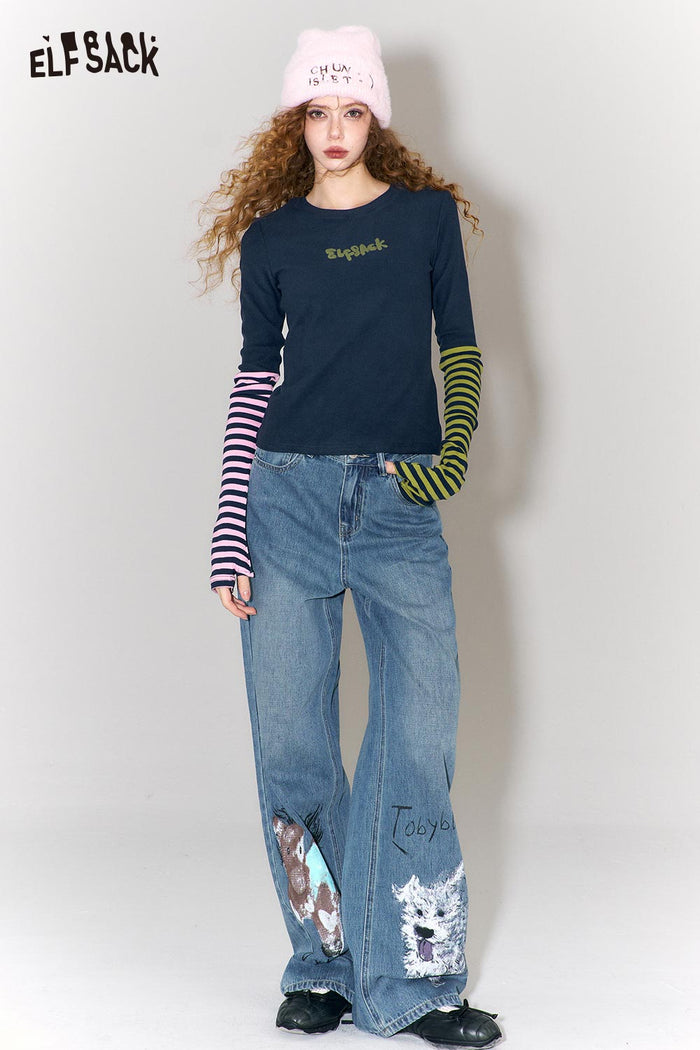 ELFSACK Color-Blocking Asymmetrical Stripe Sleeve Long Sleeve T-Shirt