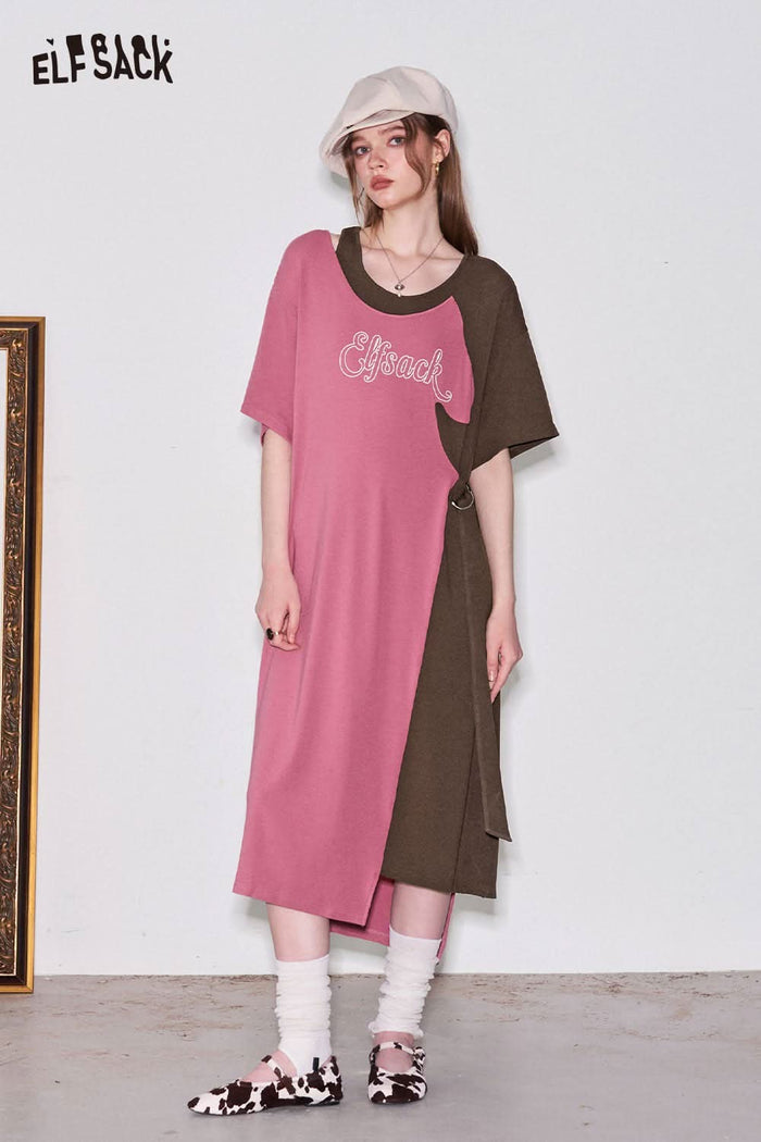 ELFSACK Colorblock Cut Out T-Shirt Dress