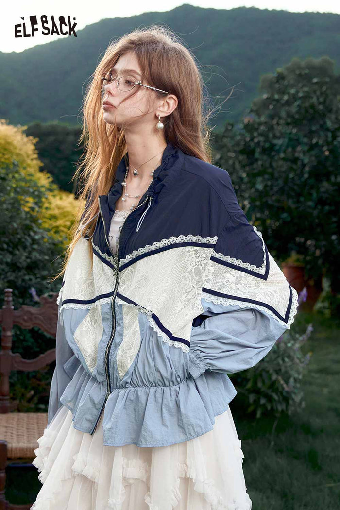 Colorblock Lace Trim Zip Jacket