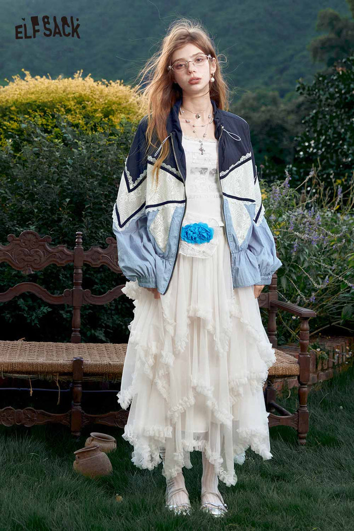 Colorblock Lace Trim Zip Jacket