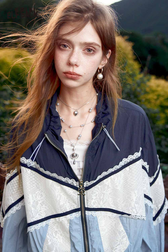 Colorblock Lace Trim Zip Jacket