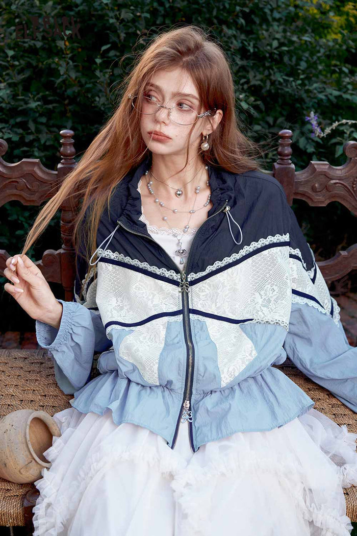 Colorblock Lace Trim Zip Jacket