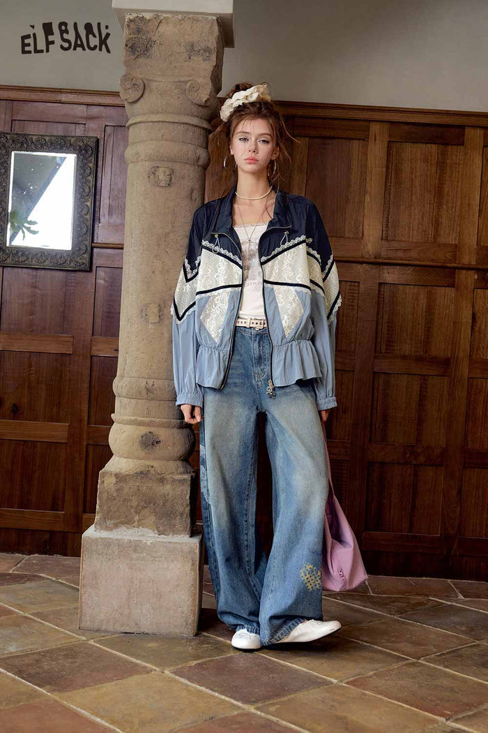Colorblock Lace Trim Zip Jacket