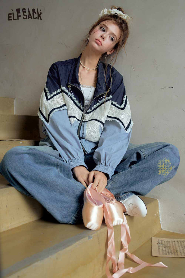 Colorblock Lace Trim Zip Jacket