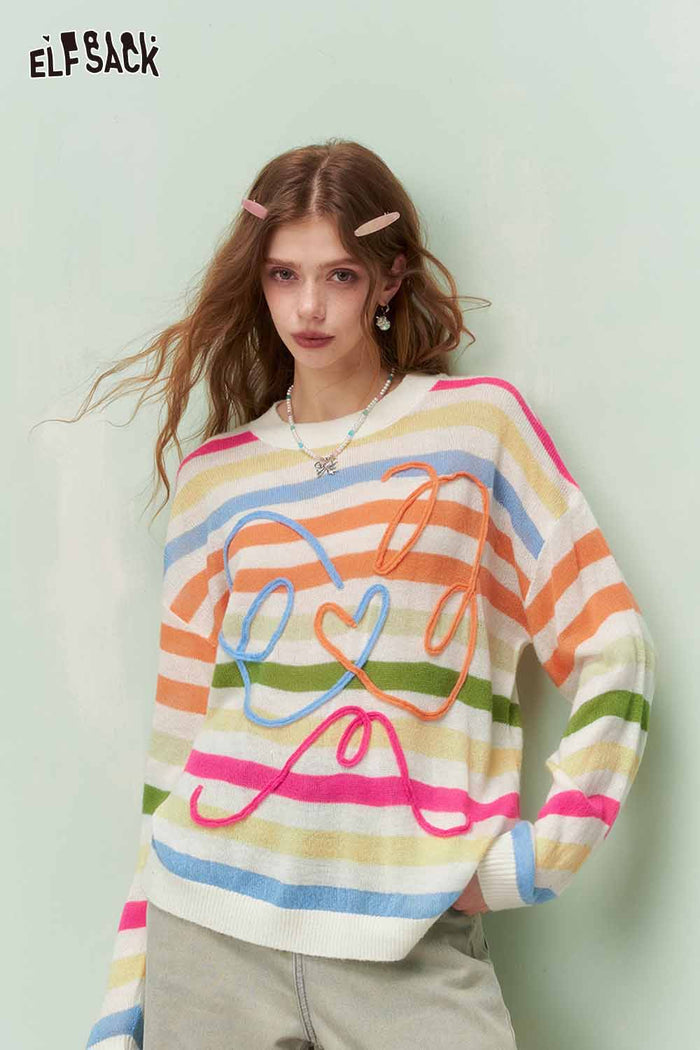 ELFSACK Colorful Striped Sweater with Embroidery