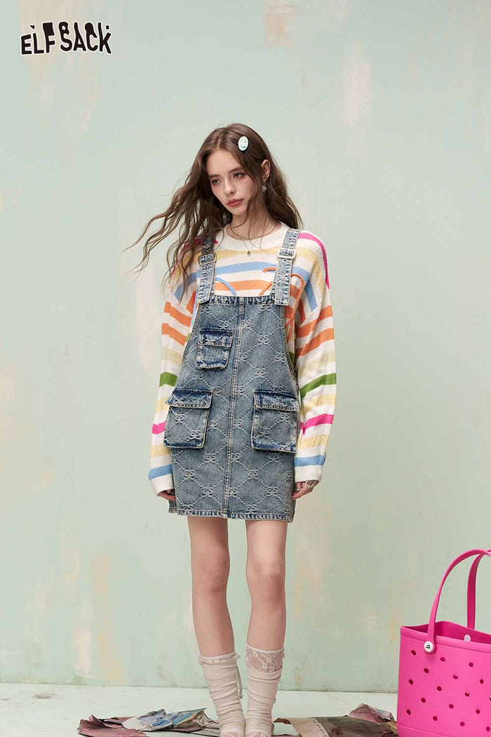 ELFSACK Colorful Striped Sweater with Embroidery