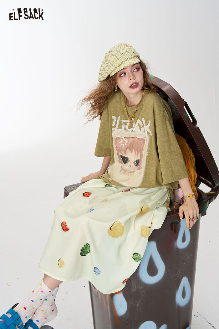 ELFSACK Colourful Polka Dot High Waist Half Long Skirt