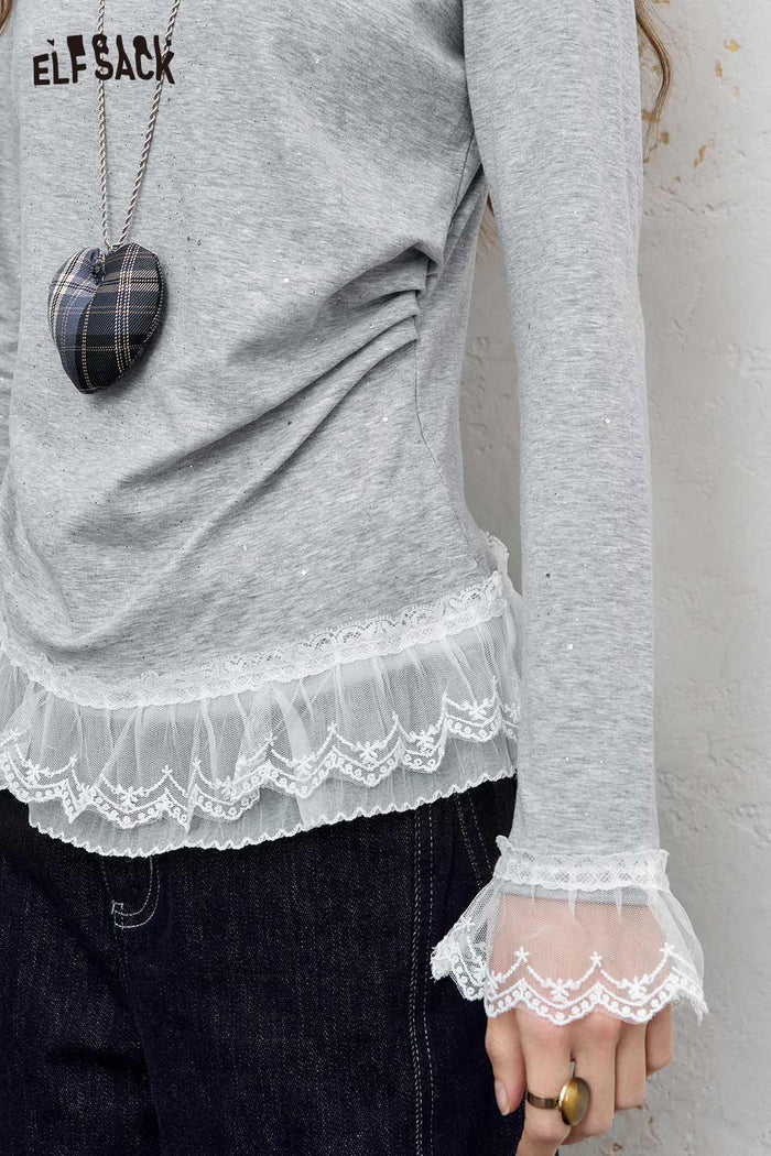 ELFSACK Combed Cotton Lace Trim Detail Fitted Long Sleeve Tee