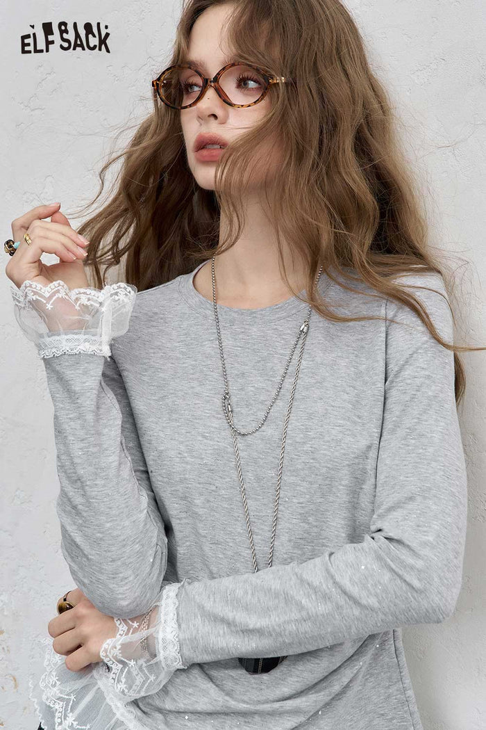 ELFSACK Combed Cotton Lace Trim Detail Fitted Long Sleeve Tee