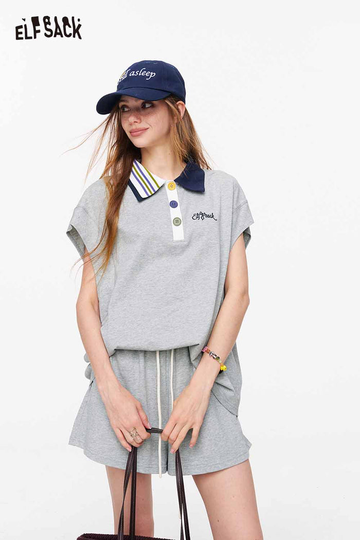 ELFSACK Contrast Collar Polo Top & Shorts Set