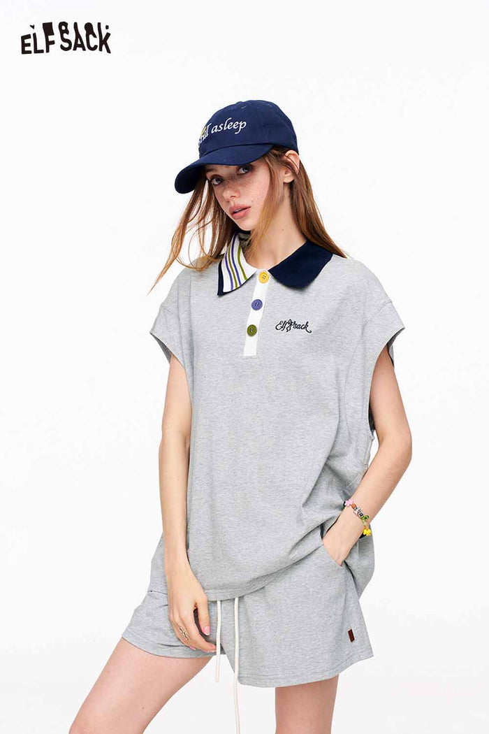 ELFSACK Contrast Collar Polo Top & Shorts Set