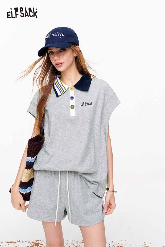 ELFSACK Contrast Collar Polo Top & Shorts Set