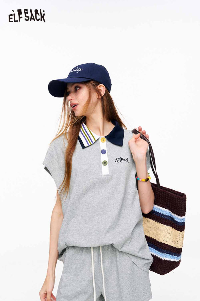 ELFSACK Contrast Collar Polo Top & Shorts Set