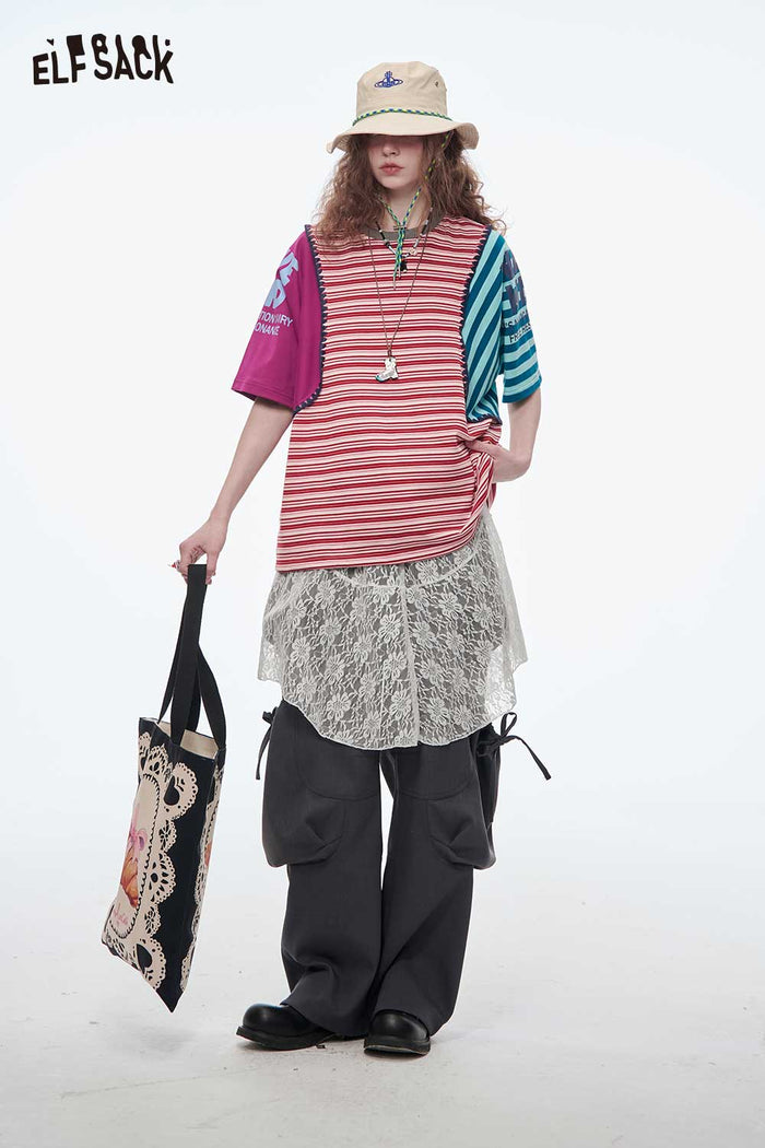 ELFSACK Contrast Color Stripe Patchwork Oversized Crewneck T-Shirt