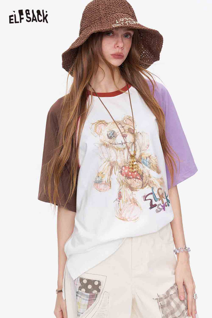ELFSACK Contrast Sleeve Huggy Bear Oversized Tee