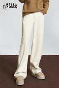 ELFSACK Corduroy White Warm Pants Women High Waist Casual Daily Trousers