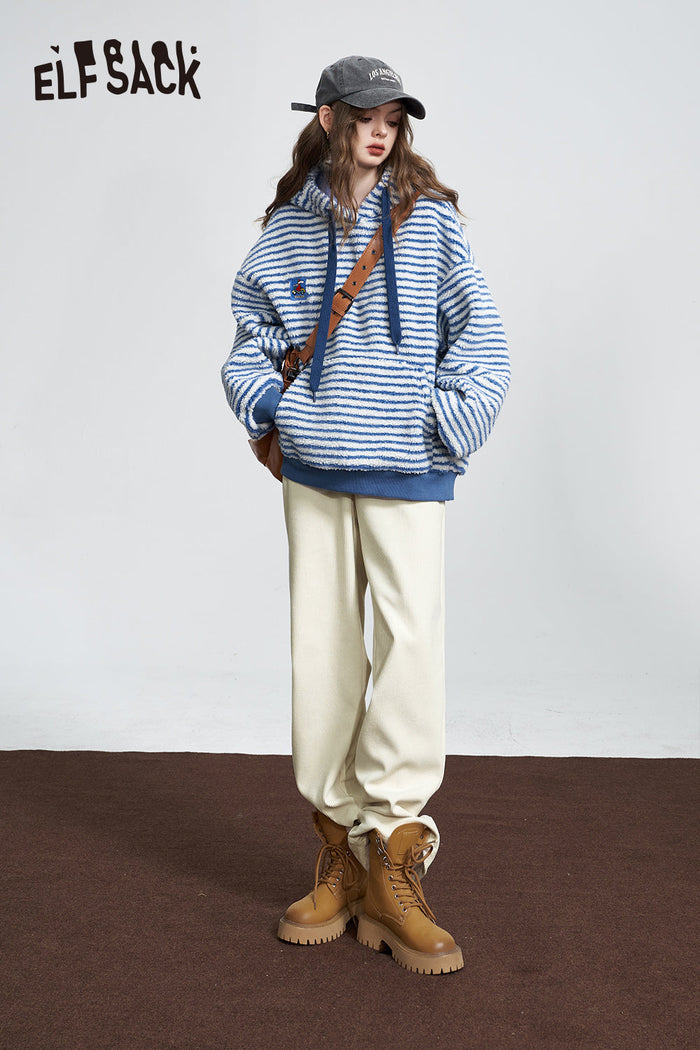 ELFSACK Corduroy White Warm Pants Women High Waist Casual Daily Trousers