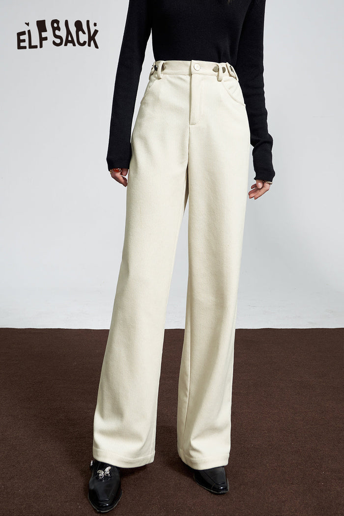 ELFSACK Corduroy White Warm Pants Women High Waist Casual Daily Trousers