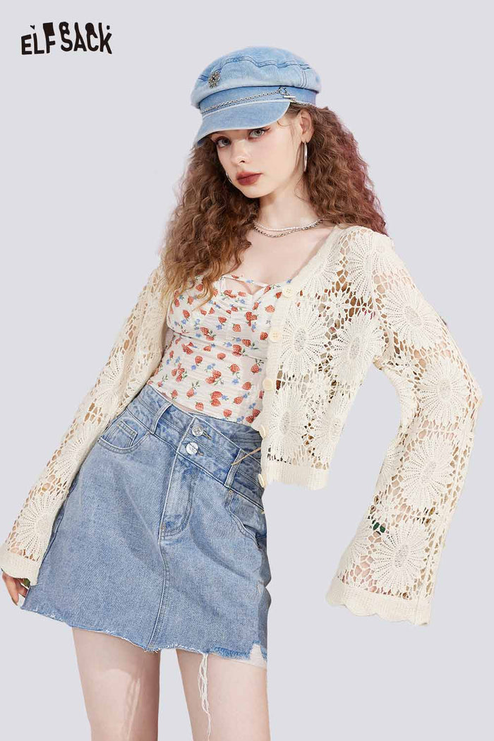 ELFSACK Cottagecore Crochet Knit Cardigan
