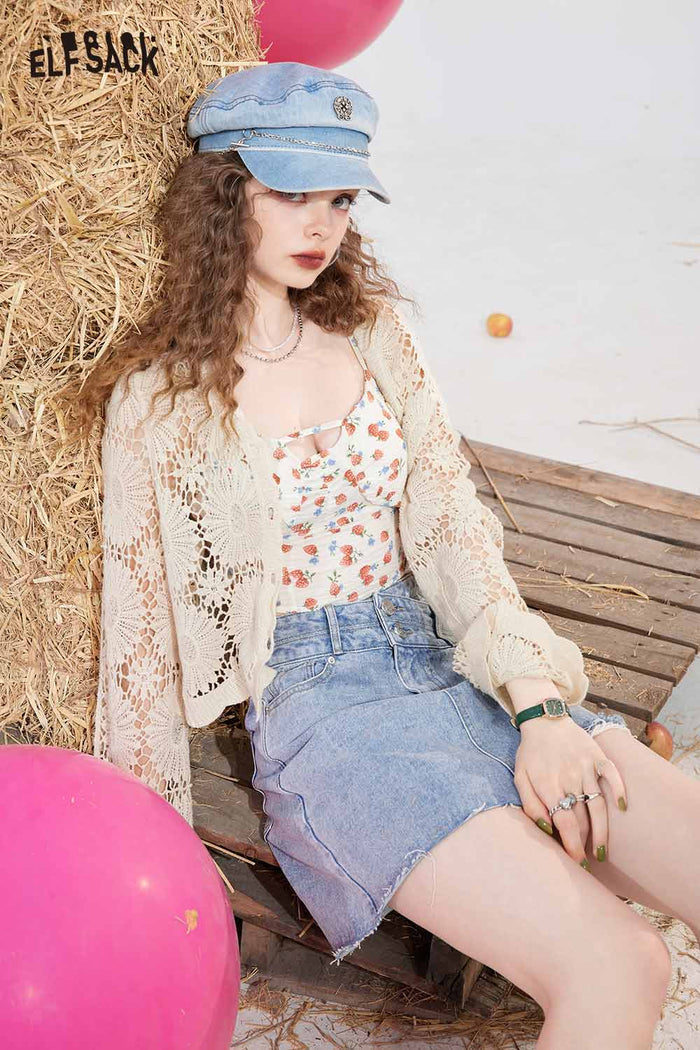 ELFSACK Cottagecore Crochet Knit Cardigan