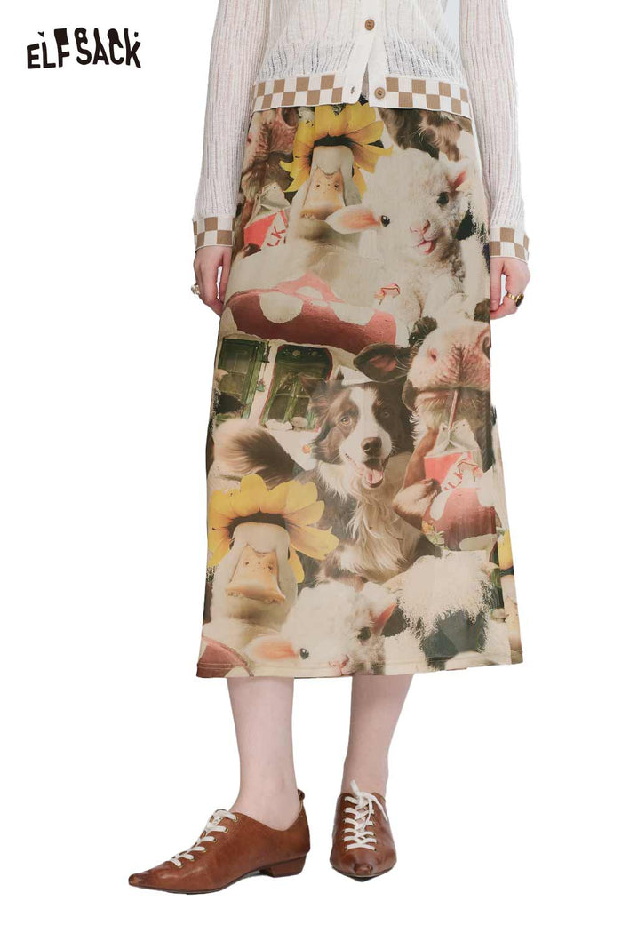 ELFSACK Cotton A-Line Animal Print Colourful Long Skirt