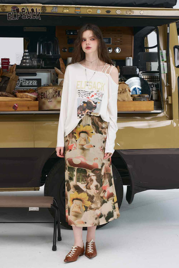 ELFSACK Cotton A-Line Animal Print Colourful Long Skirt