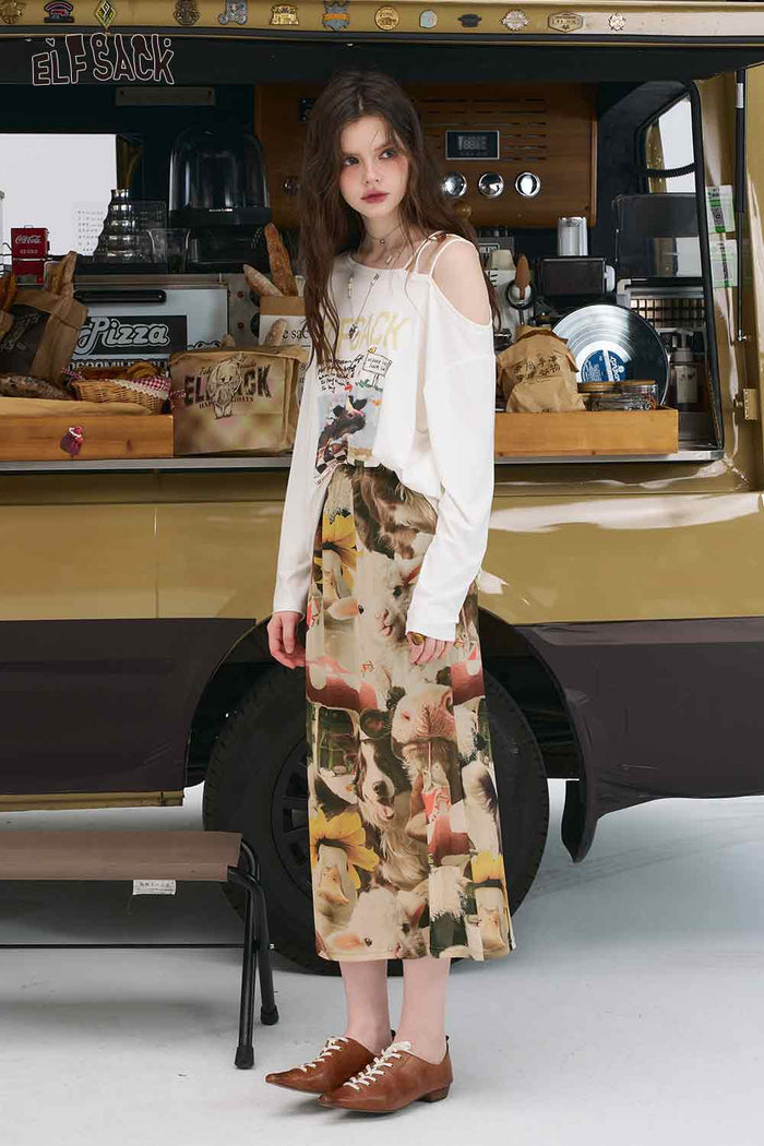 ELFSACK Cotton A-Line Animal Print Colourful Long Skirt