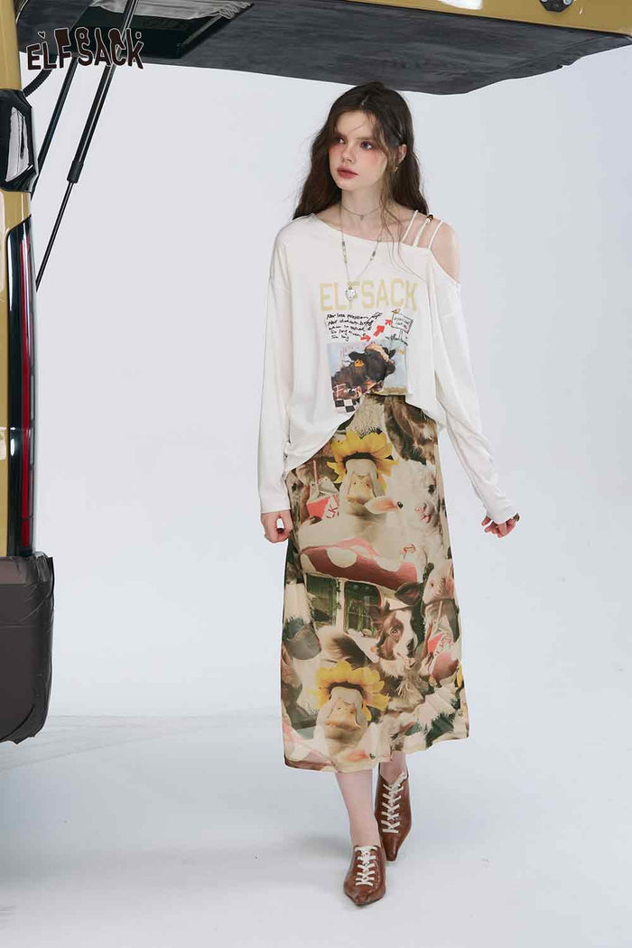 ELFSACK Cotton A-Line Animal Print Colourful Long Skirt