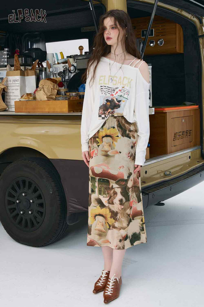 ELFSACK Cotton A-Line Animal Print Colourful Long Skirt