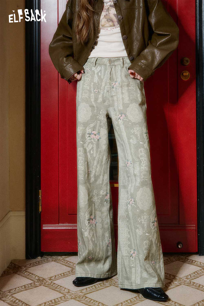 ELFSACK Cotton Allover Jeans Pattern Washed Effect Straight Leg Trousers