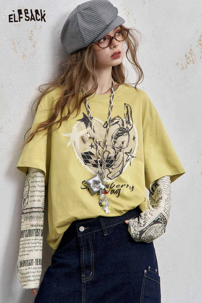ELFSACK Cotton Blend Allover Newsprint Graphic Drop Shoulder Layered Look Tee