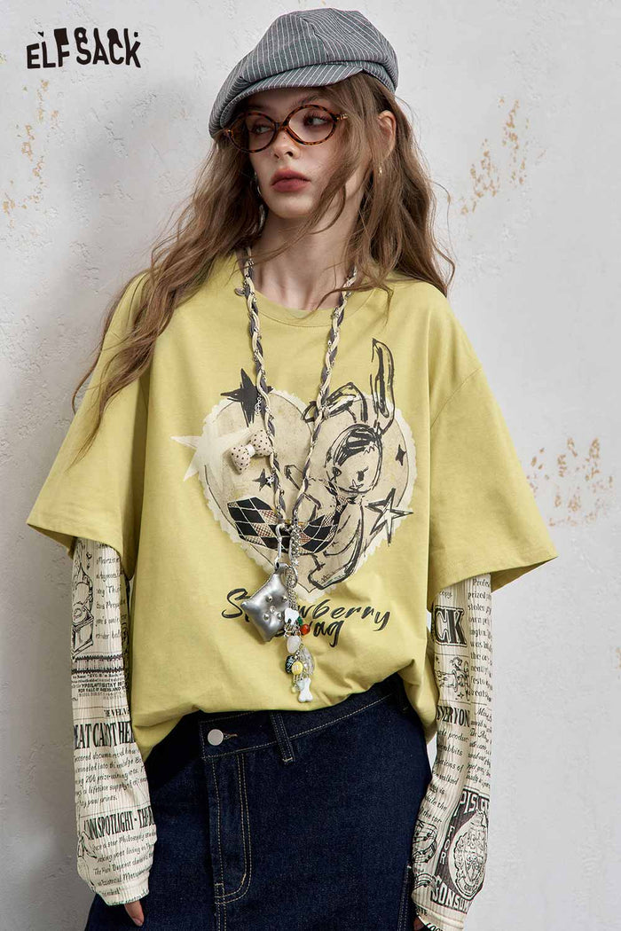 ELFSACK Cotton Blend Allover Newsprint Graphic Drop Shoulder Layered Look Tee