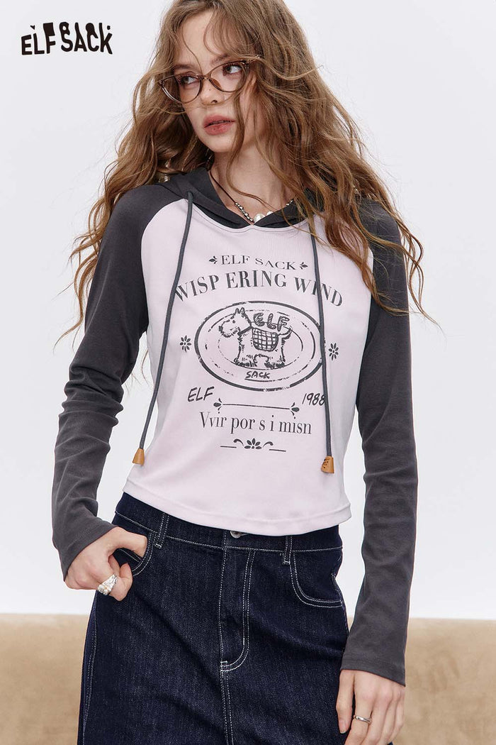 ELFSACK Cotton Blend Contrast Panel and Graphic Print Details Hooded Tee