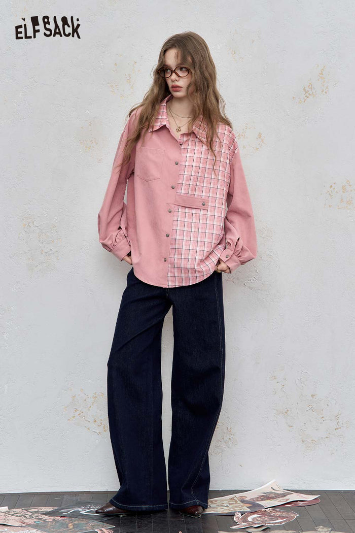 ELFSACK Cotton Blend Contrast Panel Shirt Drop Shoulder Oversized Fit
